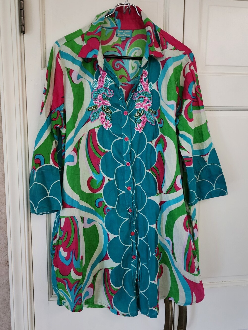 Women's Teal Floral Shirt Dress Wyth stunning beaded floral embellishments - Picture 3 of 7
